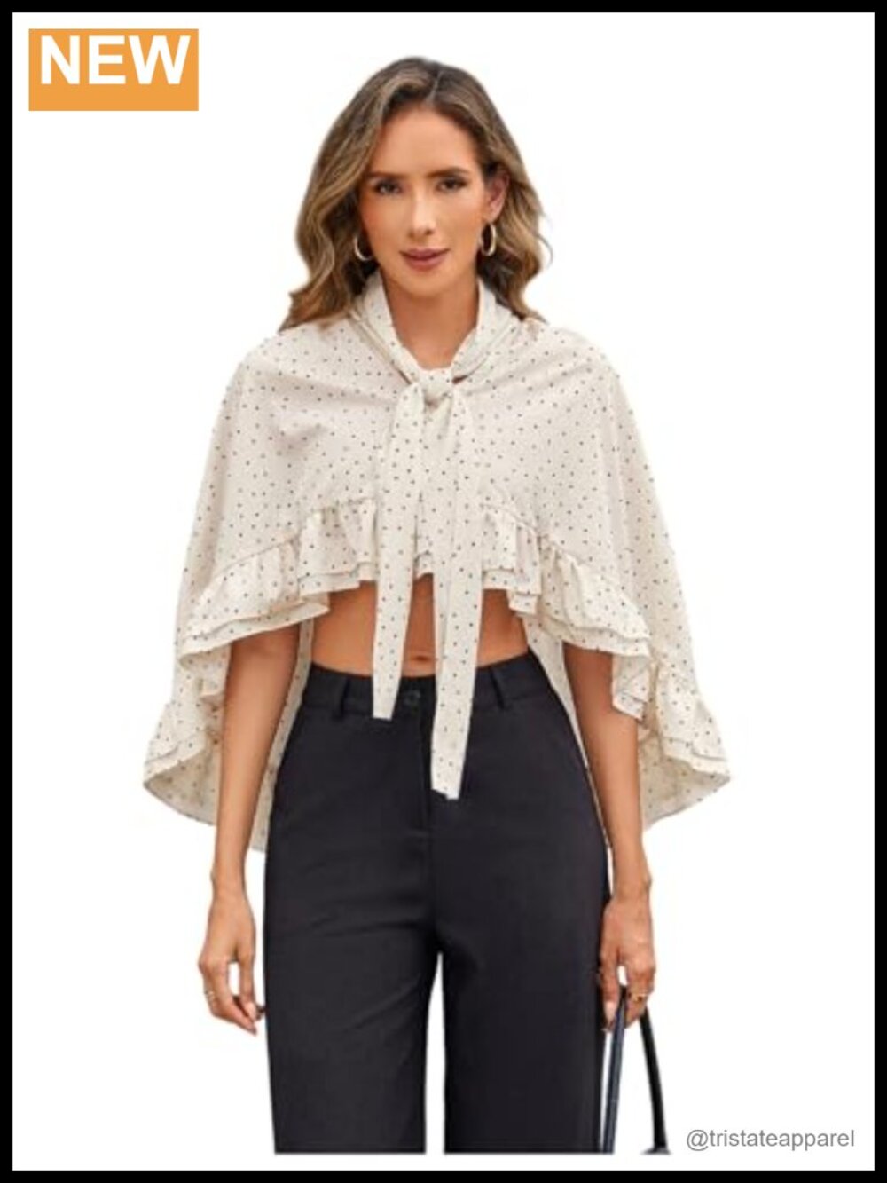 Women's Cropped Polka Dot Blouse - Ruffle Sleeve Bow Tie Top